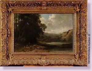 Jeunes Fermiers Et Leurs Animaux Au Bord De La Riviere by Edouard Jules Joseph Huberti