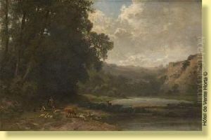 Bergers Et Moutons Au Bord D'un Lac by Edouard Jules Joseph Huberti