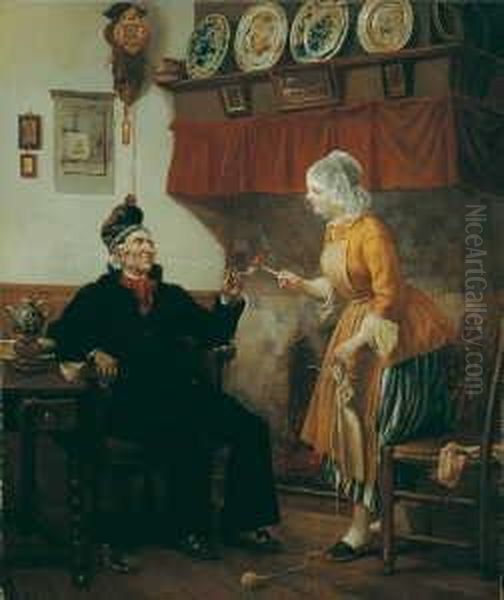 Hausliche Szene. Signiert Und Datiert Unten Rechts: Carl Hubner 1876. Ol Auf Leinwand. H 71,5; B 60,5 Cm. - view 1