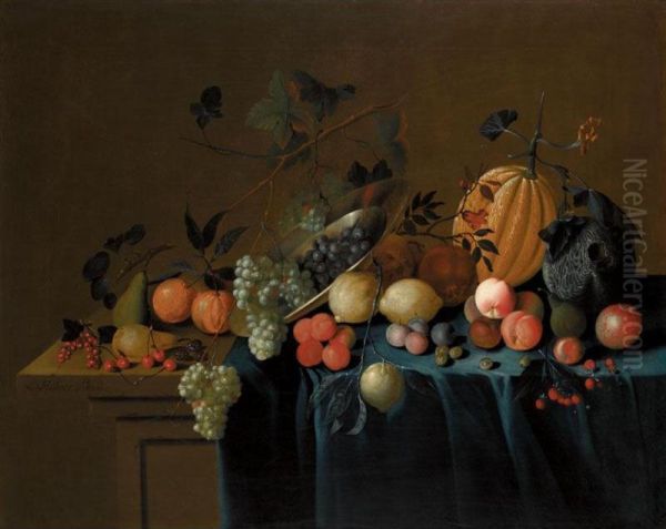 Still Life Of Fruit On A Draped Ledge - view 1
