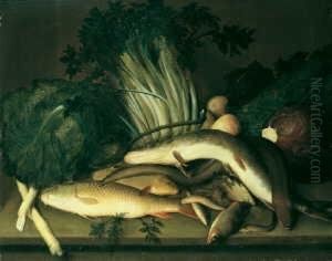 Fisch- Und Gemusestilleben. Signiert Unten Rechts: L. Hubner Pinxit. Ol Auf Leinwand. H 72; B 90 Cm.