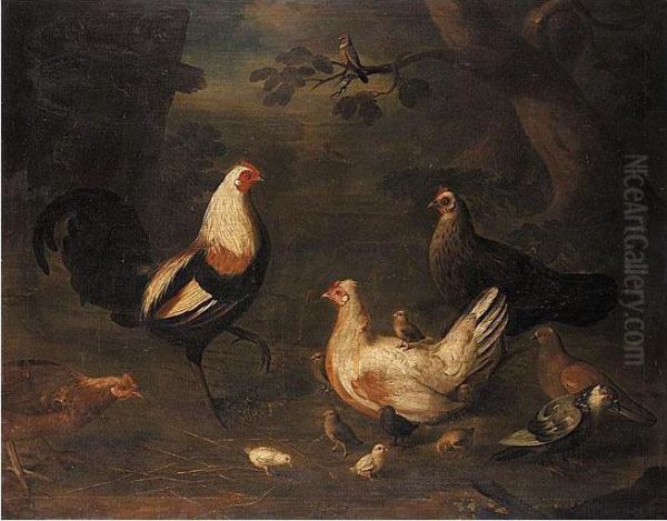 Duckwing Game Cock, Chickens, Pigeons And A Bullfinch In A Landscape - view 1