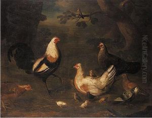 Duckwing Game Cock, Chickens, Pigeons And A Bullfinch In A Landscape by Louis, Lewis Hubner