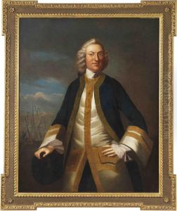 Portrait Of A Gentleman Traditionally Identified As Captain Thomas Lake, Three-quarter-length, In A Gold Embroidered Blue Coat And White Waistcoat, His Hand Resting On A Cannon, In A Landscape, A Man-o'-war Beyond