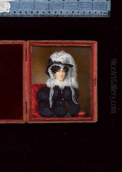 A Lady, Half Length, Seated, Wearing Dark Blue Dress With Frilled Lace Collar, Matching Untied Bonnet And Dark Blue Hat Decorated With Plumes Of White Feathers, Emeralds At Her Corsage And Ears, Her Wrists Adorned With Drop Pearl Bracelets. - view 1
