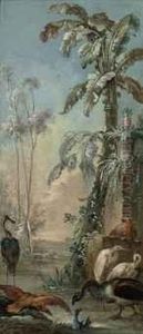 A Parrot, Cranes And Other Birds In A Tropical Landscape by Christophe Huet