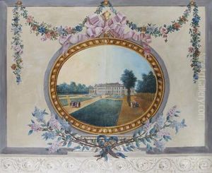 Un Chateau Dans Un Ovale Peint Entoure D'une Guirlande Defleurs