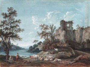 An Extensive River Landscape With The Ruins Of An Abbey, Shepherdsin The Foreground
Signed, Dated And Inscribed 'villiers Het 1792' by Franois Huet