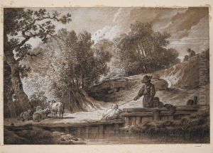 A River Landscape With Children Fishing by Jean-Baptiste Huet