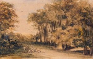 Cerf Et Biche Dans Une Clairiere by Paul Huet