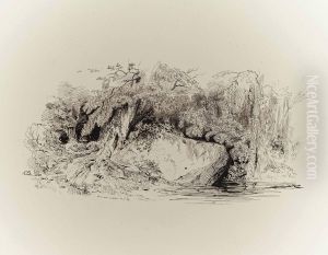 A Pool In A Rocky Wooded Landscape, A Hunter And His Dog Beyond by Paul Huet