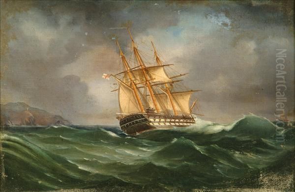 A Royal Navy '74'running Past A Rocky Coast In Heavy Seas - view 1
