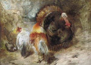A Turkey, Hens And A Pigeon In A Farmyard by William Huggins
