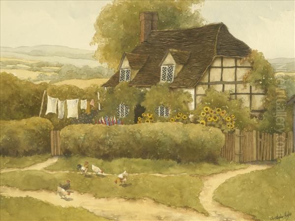 Washday, A Timbered Cottage With Sunflowers And Poultry Watercolour Andbodycolour Heightened With White Signed Lower Right 28cm X36cm - view 1