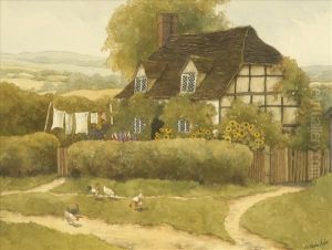 Washday, A Timbered Cottage With Sunflowers And Poultry Watercolour Andbodycolour Heightened With White Signed Lower Right 28cm X36cm