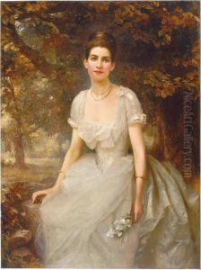 Portrait Of Vere Monckton-arundell, Seated Three-quarter-length, In A White Evening Dress Holding Lilies In A Landscape