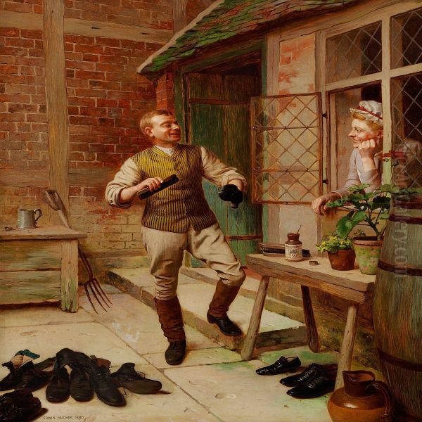 The Butler Is Polishing Shoes While Flirting With The Maid - view 1