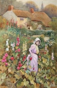 Lady In A Country Garden With Hollyhocks And Thatched Cottage