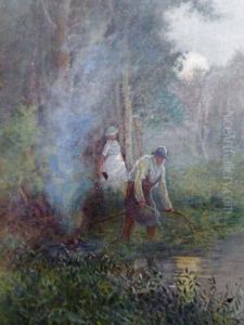 Two Figures In A Backwater With A Keepnet Beside A Small Campfire