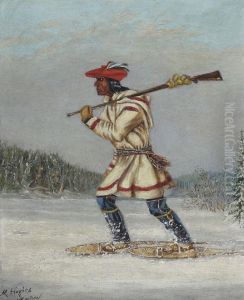 Indian Hunter On Snow Shoes by H. Hughes