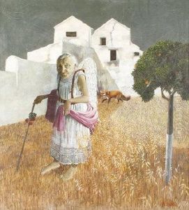 Portrait Of An Old Lady With Wings In A Hot Landscape