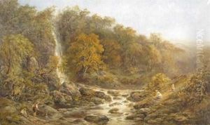 Fishing By The Waterfall At Pistyll Rhaeadr, Wales by John Joseph Hughes