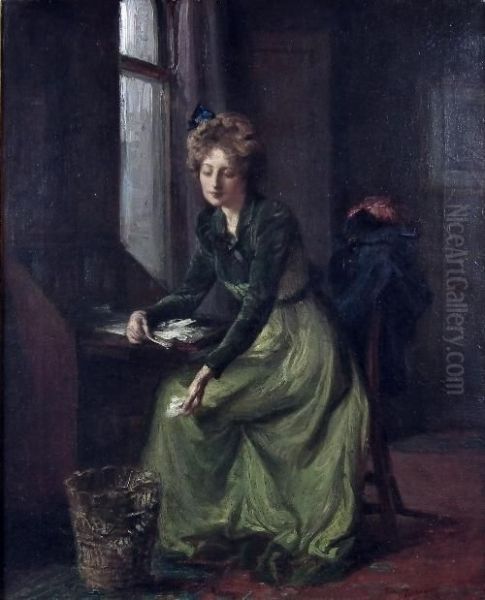 Girl In Green Dress Sitting At A Bureau - view 1