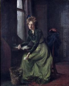 Girl In Green Dress Sitting At A Bureau by Talbot Hughes