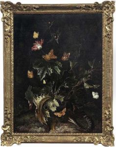 A Nocturnal Still Life Ofthistles With A Snake And Butterflies