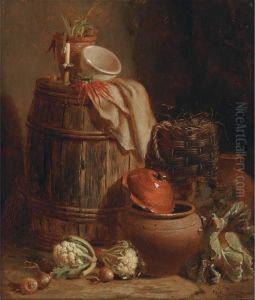 Still Life With Barrel, Basket, Jugs, And Vegetables by William Hughes