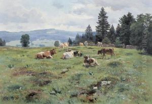 Sommerliche Wiesenlandschaft Mit Weidenden Kuhen.