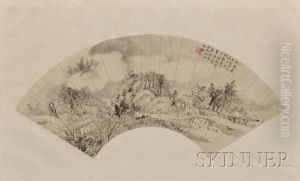 Depiction Of A Recluse Crossing A Bridgein A Mountainous Landscape by Lu Hui