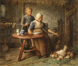Woman Feeding Hen And Chicks