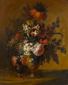 Tulips, Convolvulus, Roses And Other Flowersin A Bronze Urn On A Stone Ledge