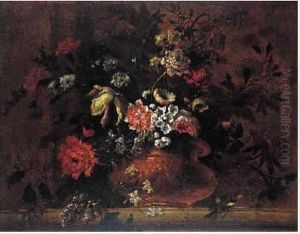 Vase De Fleurs Sur Un Entablement : Pavot, Anemone Double, OEillets, Tulipe Et Jasmins
