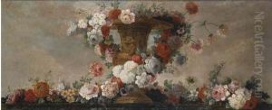 Natures Mortes A La Guirlande De Fleurs Et Urne En Bronze Dore Sur Un Entablement De Marbre