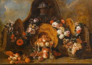 A Basket Of Plums With A Silver Gilt Tazza Of Peaches by Pierre-Nicolas Huillot