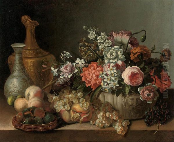 Roses, Carnations, Narcissi And Other Flowers In A Sculpted Urn, Figs In A Wicker Basket, A Gold Sculpted Pitcher, A Painted Porcelain Vase, Grapes, Peaches, Pomegranites And Other Fruit On Stone Ledge - view 1