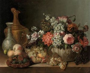 Roses, Carnations, Narcissi And Other Flowers In A Sculpted Urn, Figs In A Wicker Basket, A Gold Sculpted Pitcher, A Painted Porcelain Vase, Grapes, Peaches, Pomegranites And Other Fruit On Stone Ledge