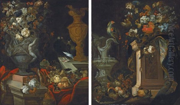 Flowers In A Sculpted Urn, Pears, Apples And Grapes In A Basket And A Sculpted Vase On A Ledge; And Flowers In A Vase On A Pillar, Fruits, A Sculpted Vase And A Parrot - view 1