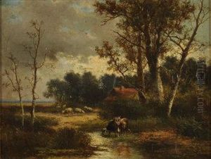 Cottage On The Edge Of Woodland With Sheep Grazing And Cattle Watering In The Foreground by Abraham Hulk Jun.
