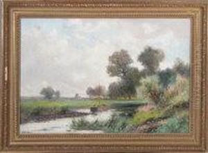 A Fenland Landscape With A Sailing Barge In The Foreground