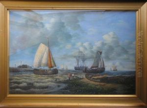 Marine Scene Depicting Figures On Shore With Various Boats Setting Out