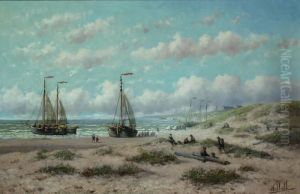 Bomschuiten En Badwagens Aan Het Strand, Vermoedelijk Ter Hoogte Van Katwijk Bomschuiten En Badwagens Aan Het Strand, Vermoedelijk Ter Hoogte Van Katwijk