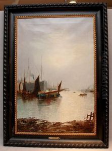 Oil On Canvas, 
"amsterdam Harbor With Ships" 30"x20" Slr by Hendrik Hulk