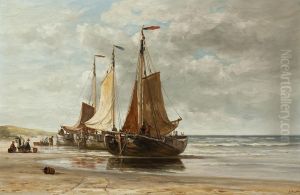 Moored Barges On The Beach by Hendrik Hulk