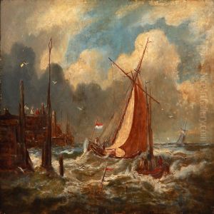 Dutch Coastal Scene With Sailing Boats In High Waves by Johannes Frederik Hulk, Snr.
