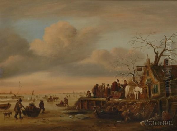 Animated Winter View With Figures And Sleds - view 1