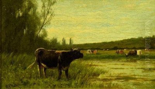 Cattle Watering In A River Landscape by William Frederick Hulk