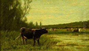 Cattle Watering In A River Landscape by William Frederick Hulk